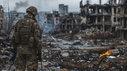 A soldier stands with his back to the camera and looks at the destroyed city