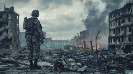 A soldier stands with his back to the camera and looks at the destroyed city - obrazy, fototapety, plakaty