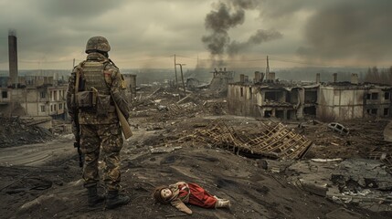 A lone soldier stands with his back to the camera and looks at the destroyed city, a child's burnt doll lies nearby. Copy space