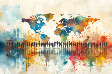 Poster world map and people silhouettes. Earth day concept - 774884074