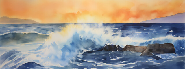 Vibrant Watercolor Seascape with Ocean Waves at Sunset