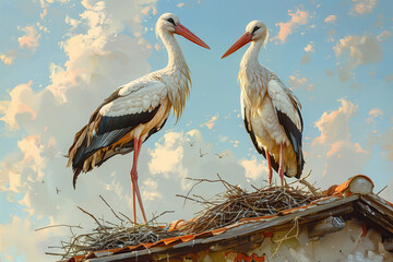 Two storks in a nest on the roof of a house - 774884249