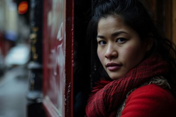 Portrait of a beautiful Asian woman in red coat and red scarf