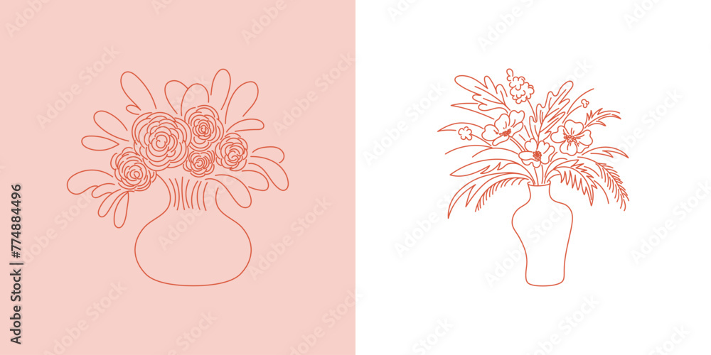 Poster vector abstract hand-drawn illustration in simple linear minimal style, floral decoration and frame 