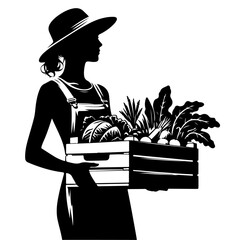 young female farmer carrying a crate of fresh produce vector black color silhouette, Black color silhouette - obrazy, fototapety, plakaty