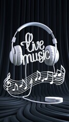 Flyer logo poster of a headphones with musical notes with the words Live Music. Concept for musical evening