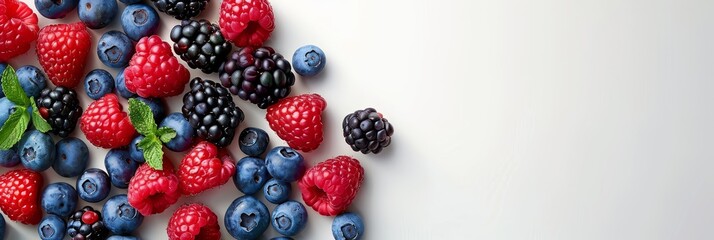 Top view of berries on white background for text placement, photorealistic stock photo