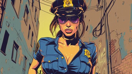 Vector illustration of sexy beautiful female police officer. Comic book.