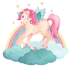 Watercolor illustration of a cute jumping unicorn with wings on clouds with stars and rainbow in...