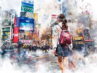 学校帰りに渋谷を歩く女子高生の後ろ姿の水彩画