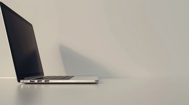 A sleek silver laptop sitting open on a minimalist desk against a pristine white backdrop