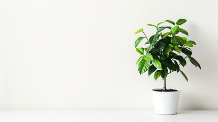A solitary potted plant with vibrant green leaves against a pristine white wall - obrazy, fototapety, plakaty