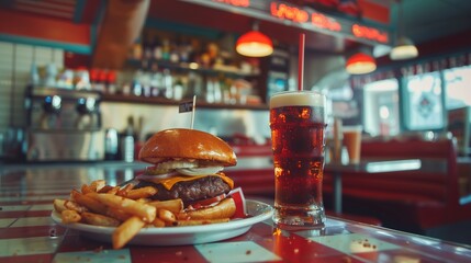 A tempting burger with seasoned fries and a bubbly soda placed on a vintage diner counter, captured with a retro filter for a nostalgic vibe