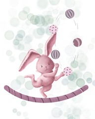 Circus animals are a bunny on the rope. Digital illustration on a white background, hand-drawn. Vintage cute toys. For children's goods, packaging, backgrounds, postcards, stickers.