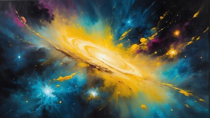 yellow nebula galaxy theme space cosmos with stars oil pallet knife paint painting on canvas with large brush strokes modern art illustration abstract from Generative AI