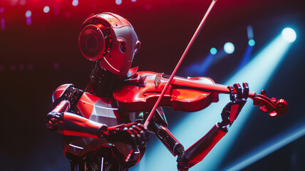 An android robot playing a violin at an orchestral classical music concert performing as part of the orchestra. Technology and artificial intelligence as automated entertainment, stock illustration - obrazy, fototapety, plakaty