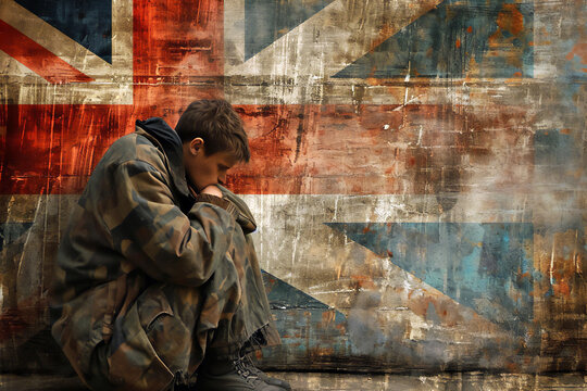Poverty in the United Kingdom showing a homeless underprivileged teenage youth in England with a distressed Union Jack flag in the background, stock illustration image