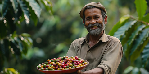Cheerful farmer holding a bowl of coffee cherries, perfect for agriculture and fair trade promotion - obrazy, fototapety, plakaty