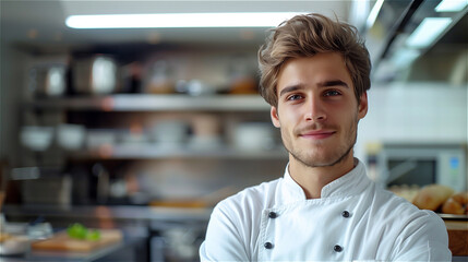 Fototapeta premium Handsome young chef with kitchen background