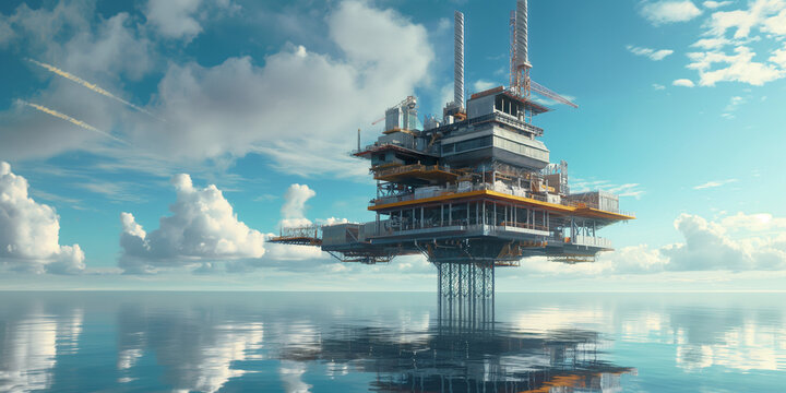 Futuristic offshore oil rig on calm sea, suitable for industrial and technological innovation concepts