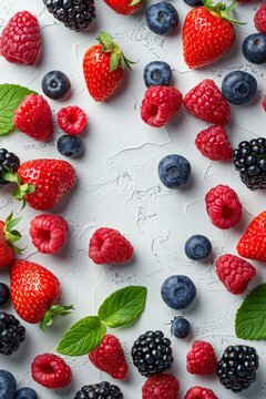 Top view of berries on white background with copy space, photorealistic stock photo