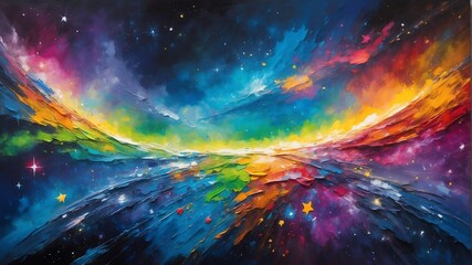 rainbow color theme space cosmos with stars oil pallet knife paint painting on canvas with large brush strokes modern art illustration abstract from Generative AI - obrazy, fototapety, plakaty