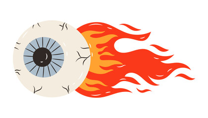 Burning Flaming Eyeball Vector Graphic. Vector Illustration of a human eyeball on fire and flying through the air, leaving a trail of flames behind it. © Lapalovee