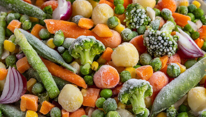 Mix of frozen vegetables, green peas, broccoli and carrot. Organic food. Top view.