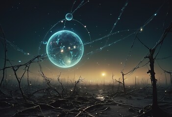 Epic Scene of a Planet Crying Silvery Tears in Desperation at a Long Gone Earth - obrazy, fototapety, plakaty