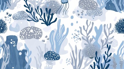 Minimalistic abstract with flat sea flowers, corals and jellyfish