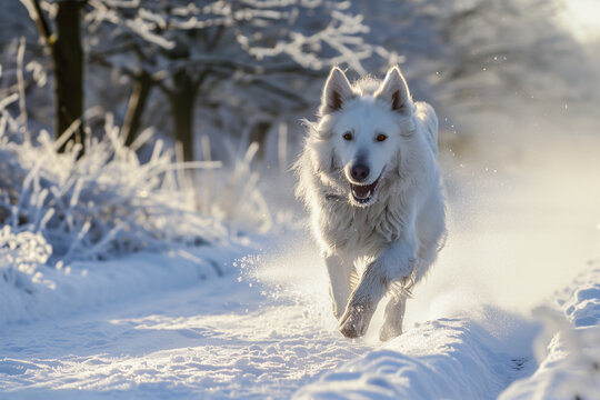 Joyful dog frolicking in the snow