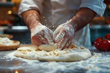 Chef's hands kneading pizza dough