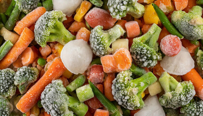 Mix of frozen vegetables, green peas, broccoli and carrot. Organic food. Top view.