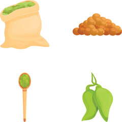 Lentil icons set cartoon vector. Green lentil pod and seed in bag and spoon. Healthy organic food