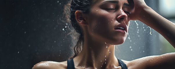 Sweating sport woman dark background. Young fitness girl in rain at night city background.