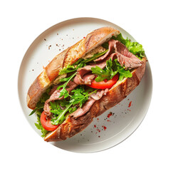 Delicious Roast Beef Sandwich on a Plate,  Isolated on a Transparent Background