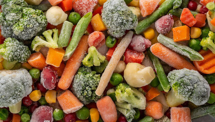 Mix of frozen vegetables, green peas, broccoli and carrot. Organic food. Top view. - obrazy, fototapety, plakaty