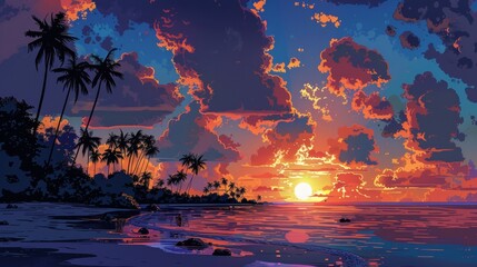 Dark palm trees silhouettes on colorful tropical ocean sunset background