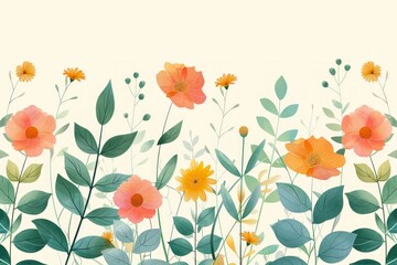 Fototapeta na wymiar Flat Design of Linear Leaves and Flowers in Pastel Colors