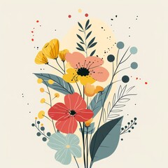 Flat Design of Linear Leaves and Flowers in Pastel Colors

