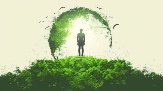 Minimalist Flat Illustration of Man Saving Green Planet for Earth Day

