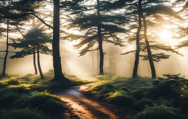 Serene beauty of a misty forest at sunrise - 774889052
