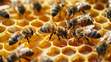 Bees on a honeycomb background. Horizontal close up photo with a bee and honey minimalism.