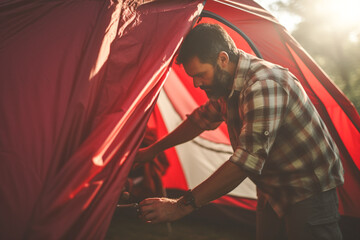 Man sets up tent, camping and camp. Tourism, hike, hiking, nature and camping trip