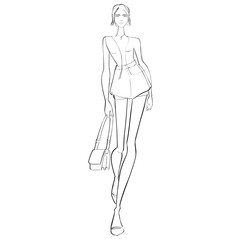 Fashion Illustration on a white background. Woman in outfit from famous designer. Sketch for coloring.	