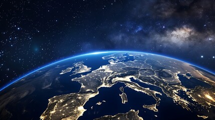 Generative AI : Beautiful planet earth with night city lights. Europe and Africa at night viewed...