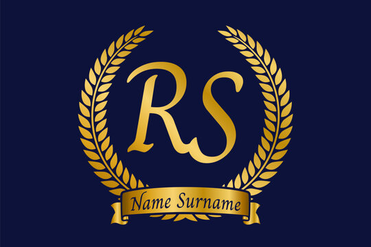 Initial letter R and S, RS monogram logo design with laurel wreath. Luxury golden calligraphy font.