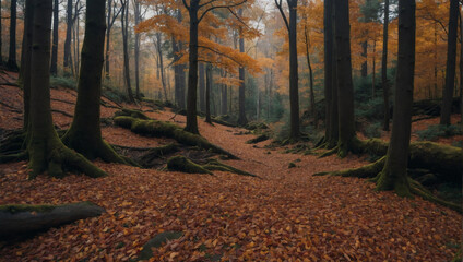 A tranquil forest glen carpeted with a blanket of fallen leaves. - obrazy, fototapety, plakaty