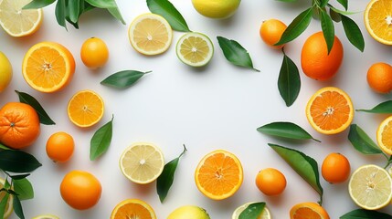 Citrus fruits background with copy space, top view photorealistic stock photo on white background