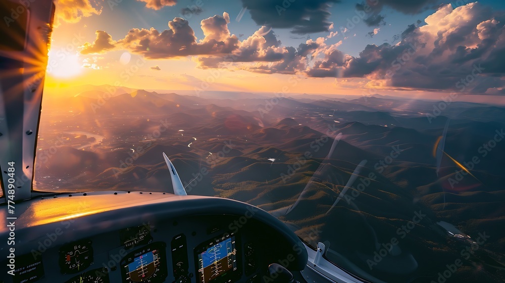 Poster generative ai : aerial sunset view over the blue ridge mountains from the cockpit of a private aircr